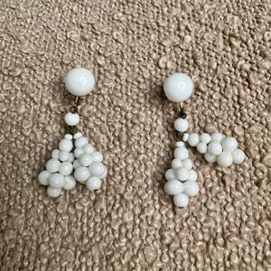 Vintage Beaded Dangle Earrings White Milk Glass Screw Back Jewelry West Germany